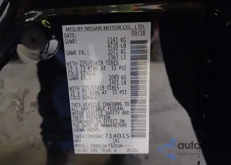 2019 Nissan Rogue Sl z USA, uszkodzony, nr VIN 5N1AT2MV6KC714015